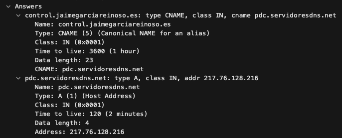 Captura Wireshark DNS CNAME
